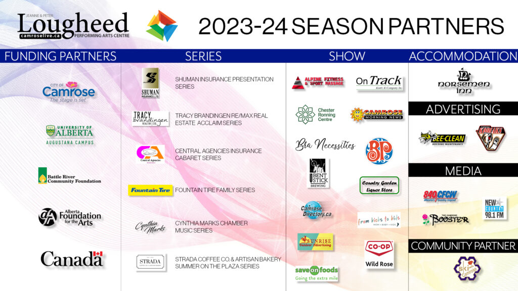 This image represents the 2023-24 Season Partners. This includes our funders, our series sponsors, show sponsors, our accommodation partner, and media partners. 