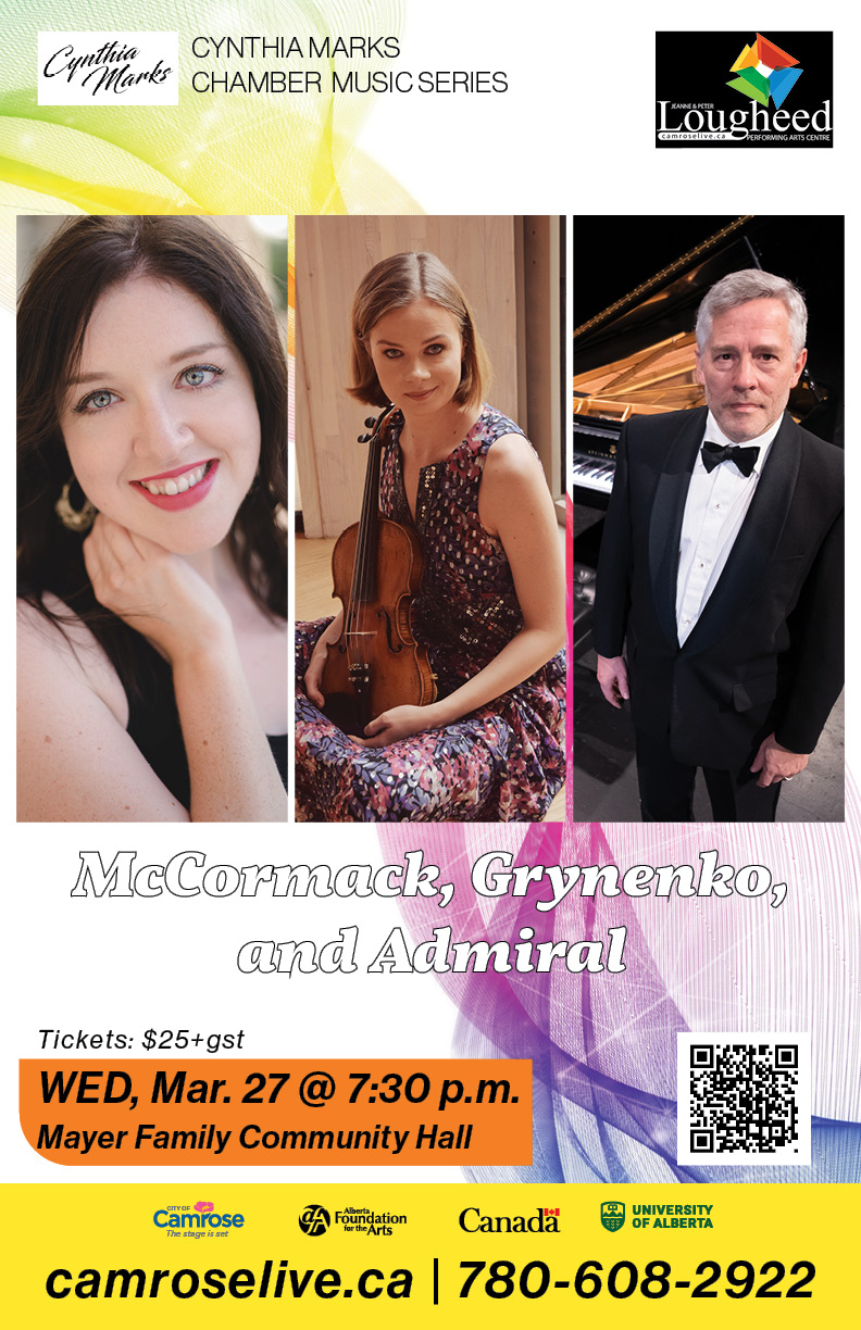 Roger Admiral, Viktoria Grynenko and Mairi-Irene McCormack perform together on Wednesday, March 27 at 7:30 p.m. in Camrose. Tickets are $25+gst.